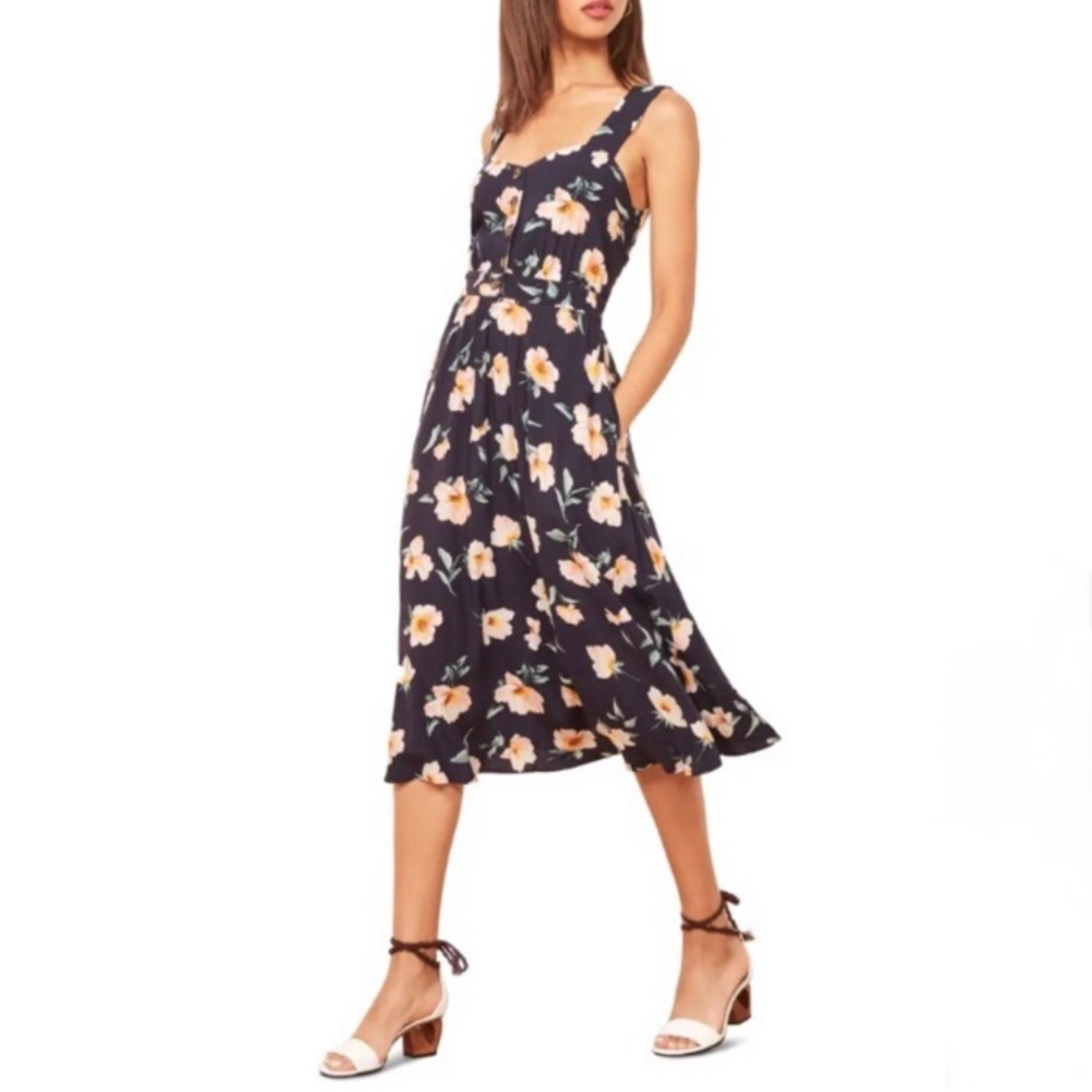 Reformation Navy Blue Floral Midi Dress with Peach Blossoms